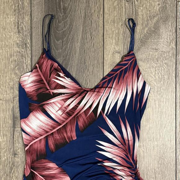 Windsor Tropical Palm Leaf Asymmetrical Ruched Bodycon Dress Navy Pink Medium - Picture 6 of 13